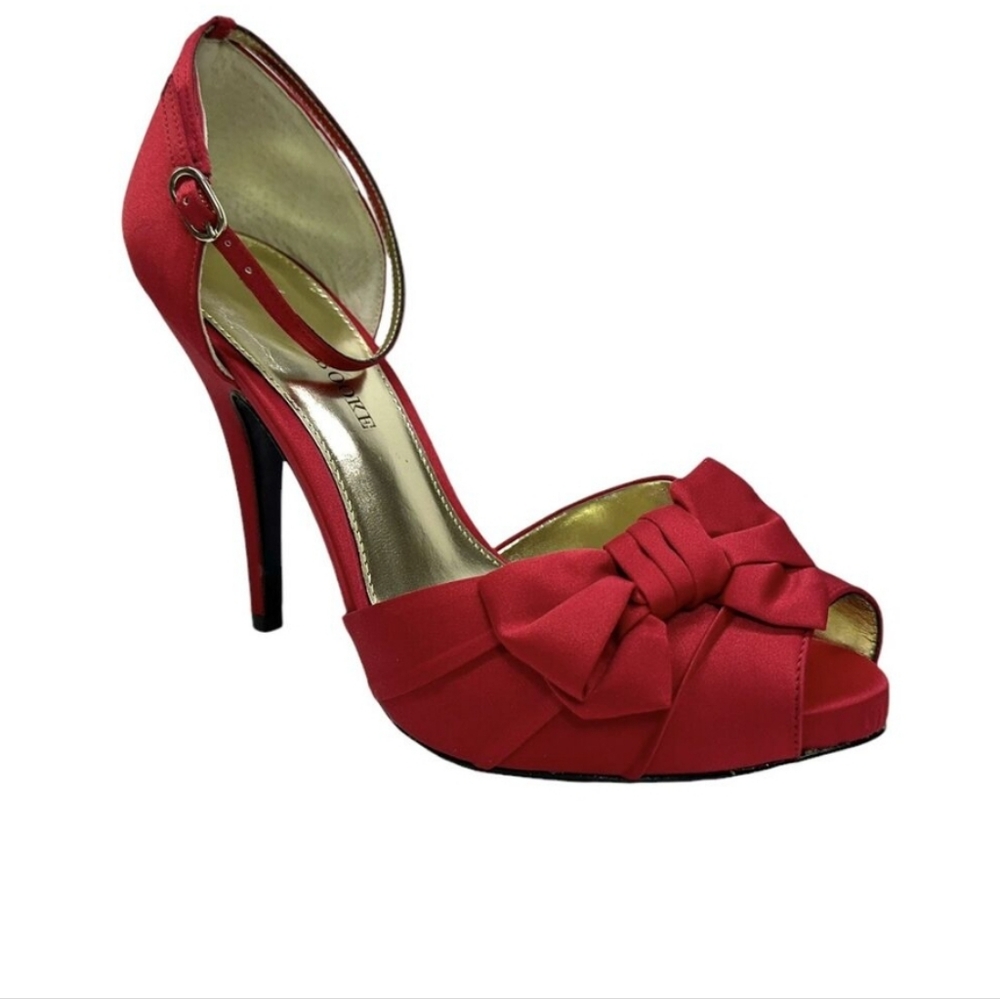 Audrey Brooke Red Satin Peep Toe Heels
